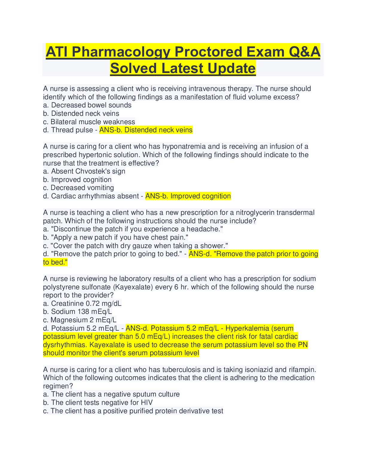 Preview image for ATI Pharmacology Proctored Exam Q&A Solved Latest Update